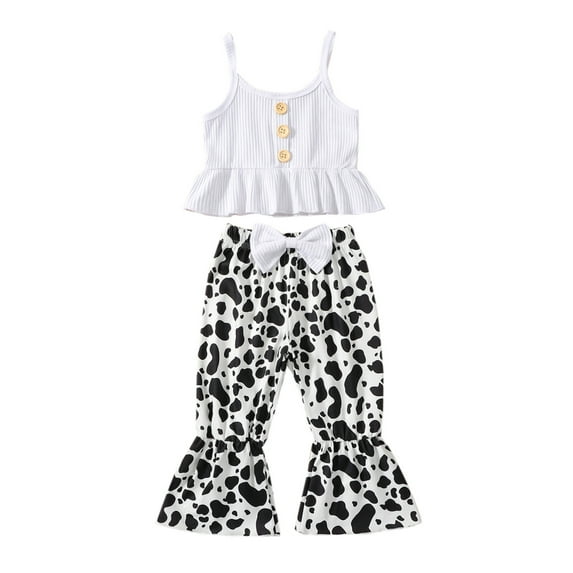 Toddler Baby Girl Summer Clothes Ruffle Sleeveless Ribbed Strap Crop Top Cow Bell Bottom Pants 2Pcs Outfit