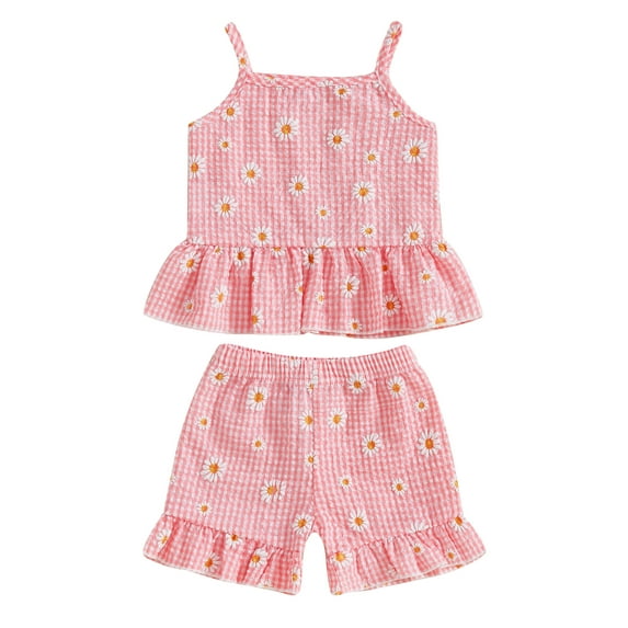 Toddler Baby Girl Summer Clothes Set 6 12 18 24 Months 2T 3T 4T Daisy Plaid Print Camisole + Elastic Waist Ruffled Shorts 2 Pcs Outfits