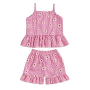 SPEWAHOR Toddler Baby Girl Summer Clothes Set 6 12 18 24 Months 2T 3T 4T Daisy Plaid Print Camisole + Elastic Waist Ruffled Shorts 2 Pcs Outfits
