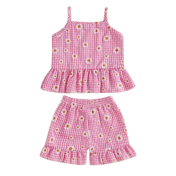 Toddler Baby Girl Summer Clothes Set 6 12 18 24 Months 2T 3T 4T Daisy Plaid Print Camisole + Elastic Waist Ruffled Shorts 2 Pcs Outfits