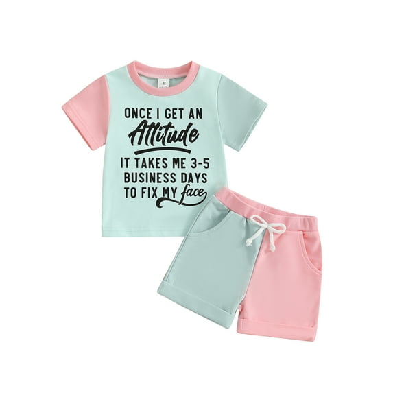 Toddler Baby Girl Summer Clothes Set 6 12 18 24 Months 2T 3T 4T Letter Print Short Sleeve Round Neck T-Shirt with Contrast Color Shorts Outfits
