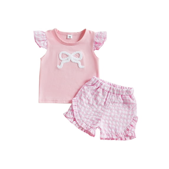 Toddler Baby Girl Summer Clothes Set 6 12 18 24 Months 2T 3T Bow Embroidery Flying Sleeve Round Neck Tops Plaid Ruffled Shorts Outfit