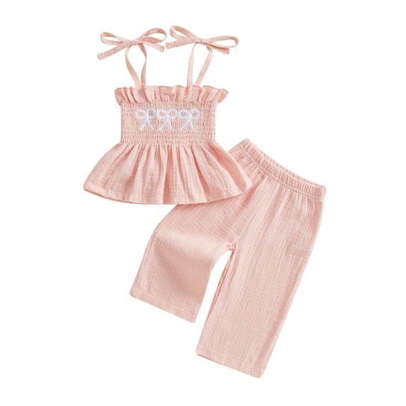 Toddler Baby Girl Summer Clothes Set 6 9 12 18 24 Months 2T 3T Bow Embroidery Tie-Up Camisole Tops with Solid Long Pants 2Pcs Outfit