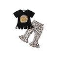 thumbnail image 1 of Toddler Baby Girl Summer Clothes Short Sleeve Tassel Hem Sunflower T-Shirt+Leopard Long Bell Bottom Pants Outfit Set, 1 of 9