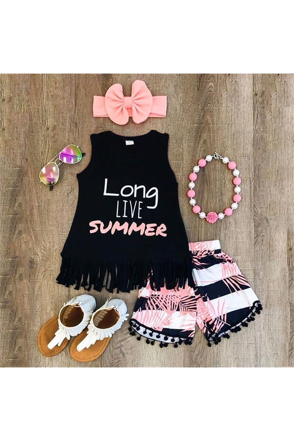 Summer Baby Kids Girls Toddler Tassel Tank Top Vest + Short Pants + Bowknot Headband 3PCS Outfits Clothes Set 3-4 Years