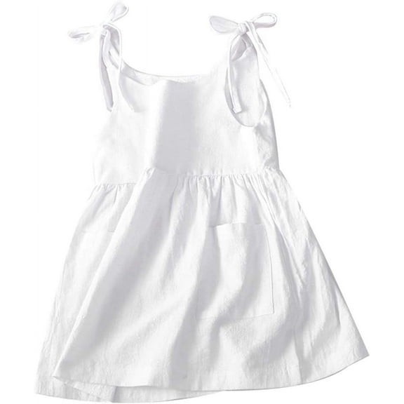 Toddler Baby Girl Summer Cotton Linen White Dresses Bow Straps Sleeveless with Pockets Little Girls Beach Sundress