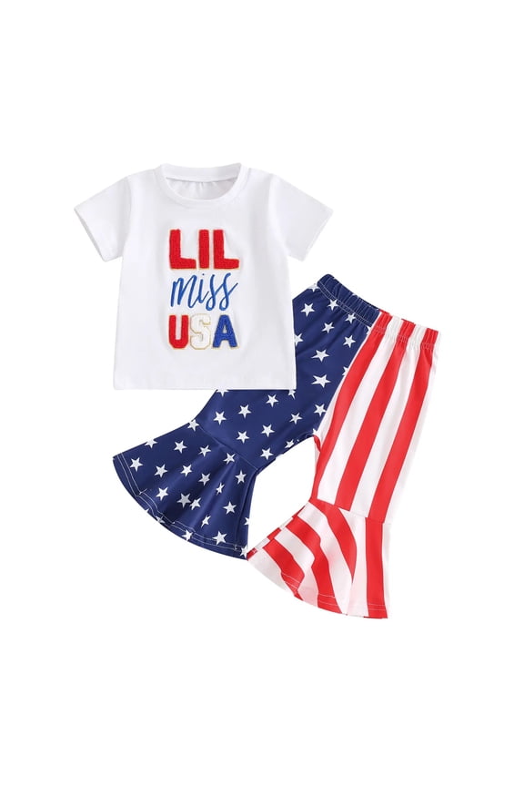Toddler Baby Girl Summer Outfit 4th of July Letter Print Short Sleeve T-Shirt Color Block Bell Bottom Pants 2Pcs Set White 12-18 Months