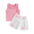 thumbnail image 1 of Toddler Baby Girl Summer Outfits 6 9 12 18 24 Months 2T 3T Sleeveless Ruffle Tank Tops + Crochet Flower Shorts Set Clothes, 1 of 9