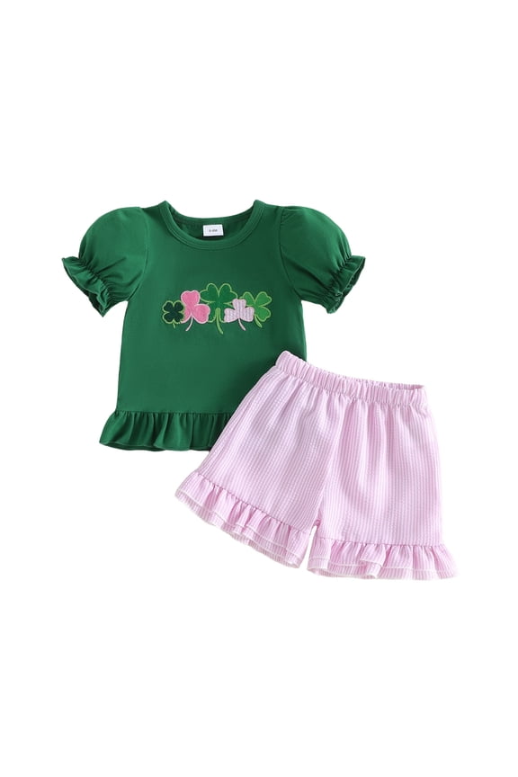 Toddler Baby Girl Summer Outfits Puff Sleeve St Patricks Day Embroidery T-Shirt Ruffle Blouse Shorts Clothes Set Green 2-3 Years