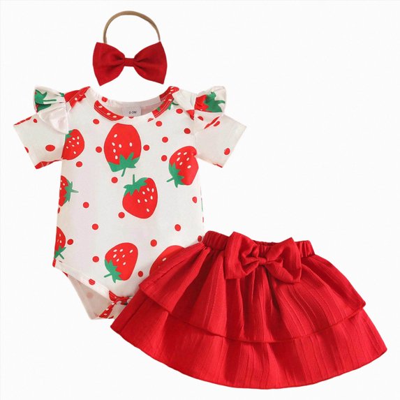 Toddler Baby Girl Summer Outfits Strawberries Print Romper & Ruffle Solid Skirt with Headband 3-Piece Set
