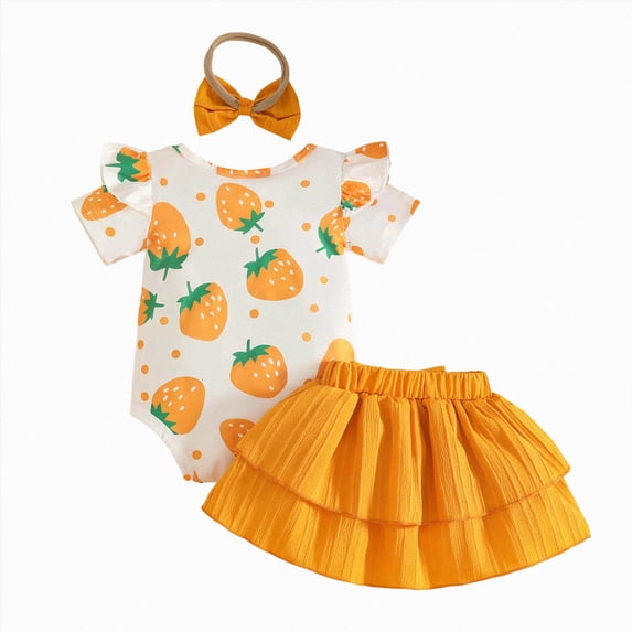 Toddler Baby Girl Summer Outfits Strawberries Print Romper & Ruffle Solid Skirt with Headband 3-Piece Set