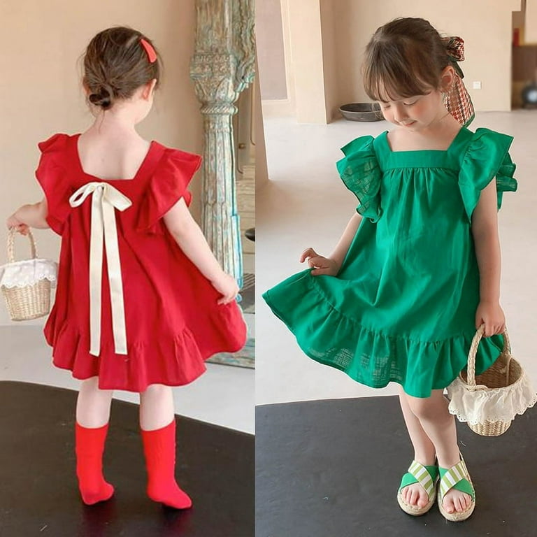 Toddler Baby Girl Summer Ruffle Sleeve Princess Dress Party Kids Clothes  Dresses Solid Color