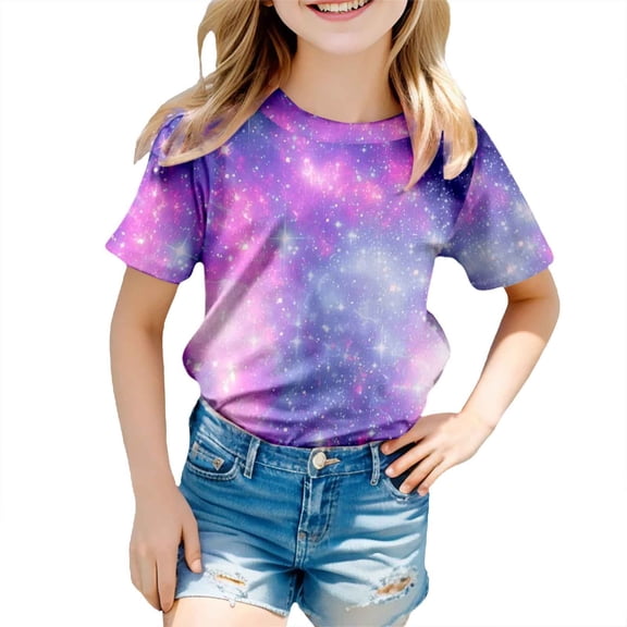 Toddler Baby Girl Summer T-Shirt Round Neck Galaxy Printed Basic Top Blouse Comfortable Breathable Tops Holiday Shirts T Shirt,Light ,8-9 Years