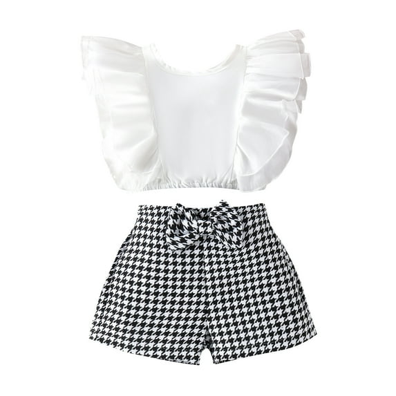 Toddler Baby Girl Summer Trendy Outfit Sets Ruffle Mesh Sleeveless Crop Top Plaid Shorts