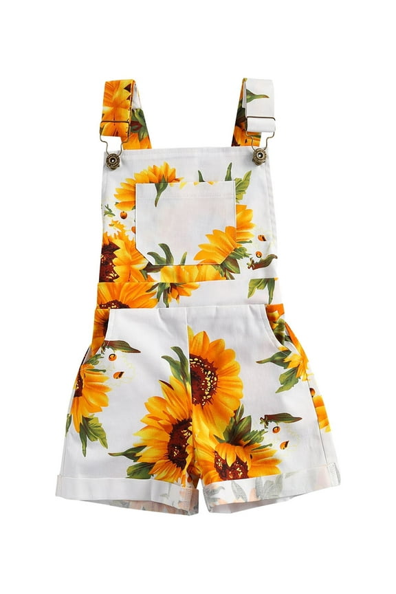 Toddler Baby Girl Sunflower Print Overalls Shorts with Pocket Suspender Trousers Cute Summer Clothing Outfit