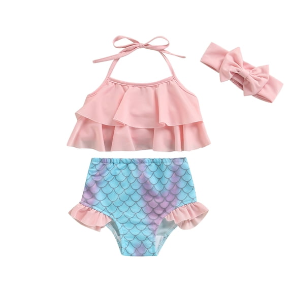 Toddler Baby Girl Swimsuit Halter Ruffles Tops Mermaid Shorts Headband Bathing Suit Swimwear 3Pcs Bikini Set