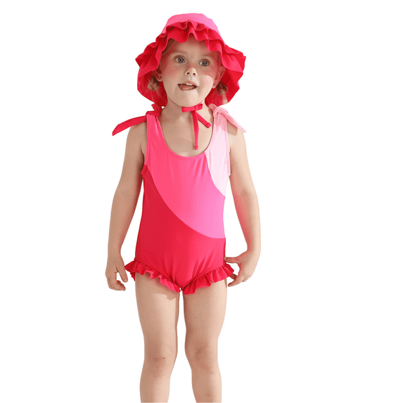 Ardorlove Toddler Baby Girl Swimsuit with Cap Color Block One-Piece Swimwear Sleeveless Bikini Little Girl Swimwear Bathing Suits for Girls 18M-5T