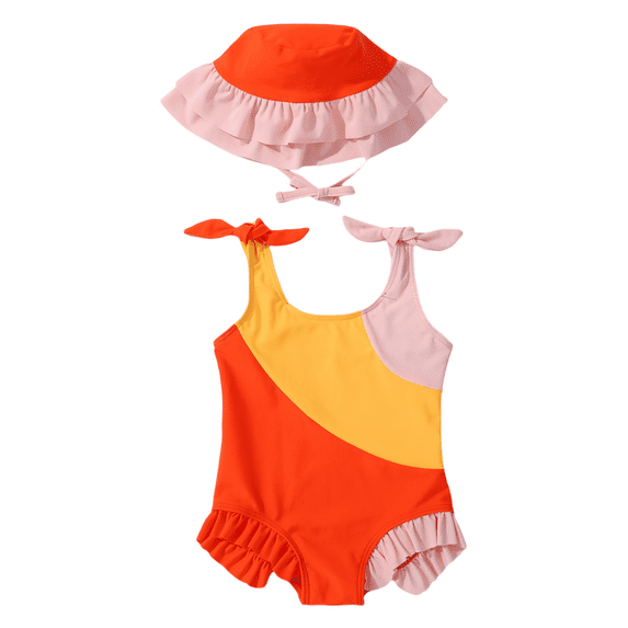 Ardorlove Toddler Baby Girl Swimsuit with Cap Color Block One-Piece Swimwear Sleeveless Bikini Little Girl Swimwear Bathing Suits for Girls 18M-5T