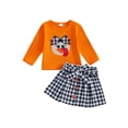 thumbnail image 1 of Toddler Baby Girl Thanksgiving Outfit 6 12 18 24 Months 2T 3T 4T Turkey Embroidery Long Sleeve Sweatshirt with Houndstooth A-Line Skirt, 1 of 9