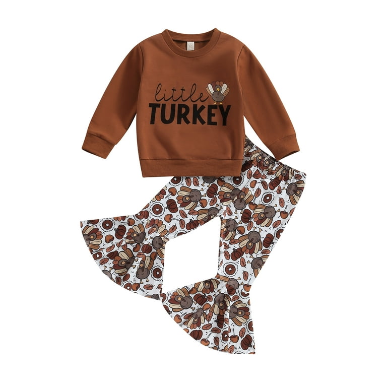 Toddler Baby Girl Thanksgiving Outfit Little Turkey Crewneck Sweatshirt  Turkey Bell Bottom Pants Set Fall Clothes 