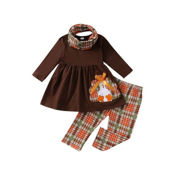 Toddler Baby Girl Thanksgiving Outfit Long Sleeve Turkey Ruffle T-Shirt Top Plaid Pants 3Pcs Set