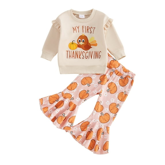 Toddler Baby Girl Thanksgiving Outfits 6 12 18 24 Months 2T 3T 4T Letter Turkey Print Crew Neck Long Sleeve Sweatshirts Flare Pants 2Pcs Clothes Set
