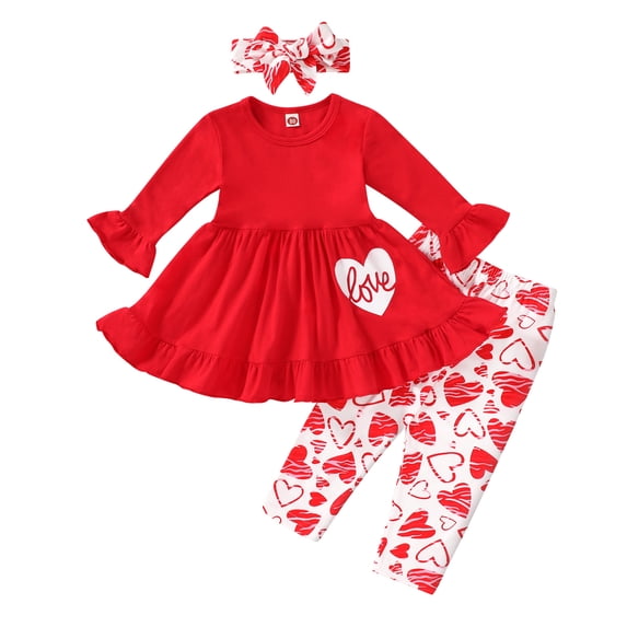 Toddler Baby Girl Valentine's Day Clothes Outfit Long Sleeve Dress Heart Print Pants Set with Headband for 12-18 Months