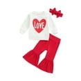 thumbnail image 1 of Toddler Baby Girl Valentine's Day Clothes Outfit Set 3Pcs Long Sleeve Love Heart Pullover Tops Flare Pants Headband, 1 of 7