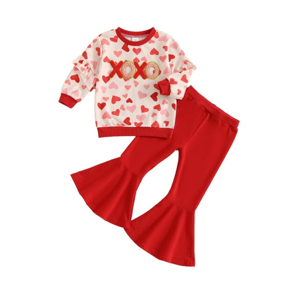 Toddler Baby Girl Valentine’s Day Outfits 3 6 12 18 24 Months 2T 3T 4T 5T Long Sleeve Ruffle Sweatshirt + Flare Pants Set Toddler Clothes