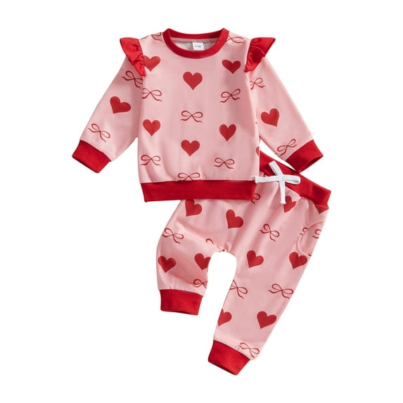 Toddler Baby Girl Valentines Day Outfit Bow Heart Print Ruffle Long Sleeve Sweatshirts Tops and Pants Spring Clothes Set