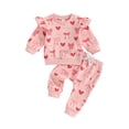 thumbnail image 1 of Toddler Baby Girl Valentines Day Outfit Bow Heart Print Ruffle Long Sleeve Sweatshirts Tops and Pants Spring Clothes Set, 1 of 8