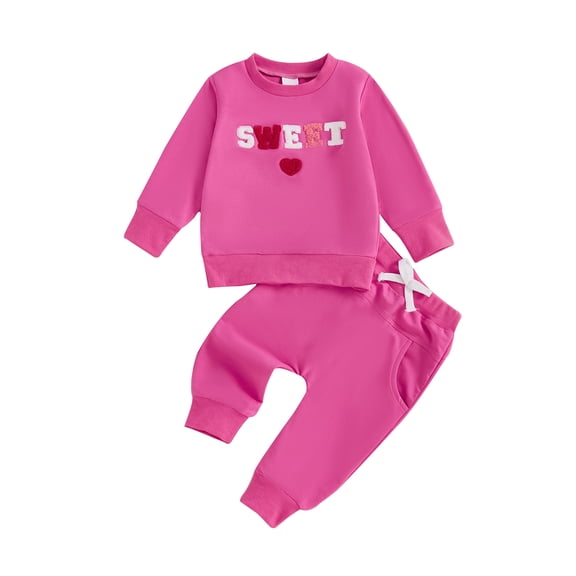 Toddler Baby Girl Valentines Day Outfit Letter Embroidery Long Sleeve Sweatshirt Tops Long Pants Spring Fall Clothes