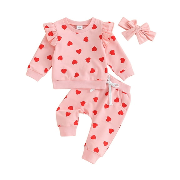 Toddler Baby Girl Valentines Day Outfit Long Sleeve Heart Print Sweatshirt Top Jogger Pants 3Pcs Spring Clothes Set