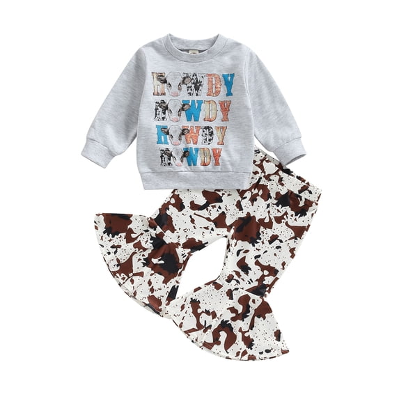Toddler Baby Girl Western Clothes Cowgirl Outfits Bell Bottoms Long Sleeve Sweatshirt Pullover Top Cow Print Flared Pants (Cow Print Grey,0-6 Months)