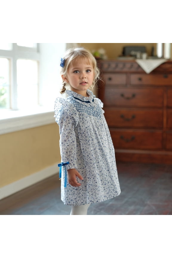 Toddler Baby Girl’s Floral Smocked Dresses | Long Sleeve Ruffle Vintage Dress with Bow | Kids Spring Clothing for Holiday & Birthday