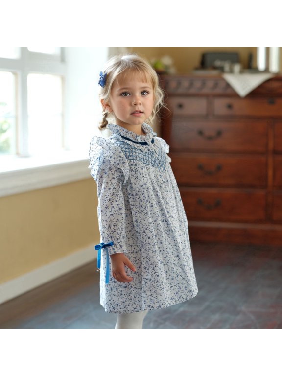 Toddler Baby Girl’s Floral Smocked Dresses | Long Sleeve Ruffle Vintage Dress with Bow | Kids Spring Clothing for Holiday & Birthday
