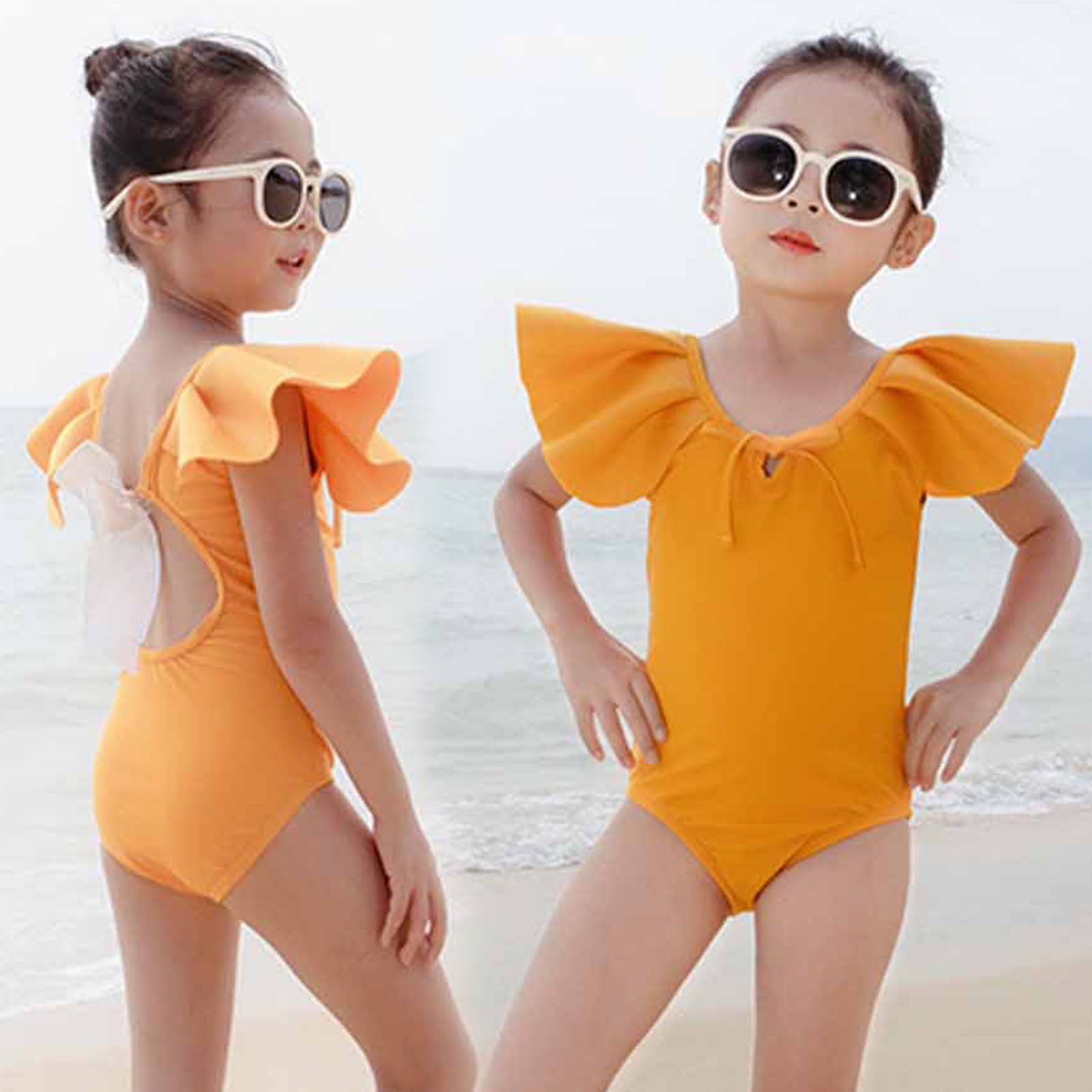 Toddler Baby Girl's One Piece Swimsuit Ruffle Sleeve Solid Color Jumpsuit  Backless Swimwear Cute Baby Outfits One-Piece Bikini Sets
