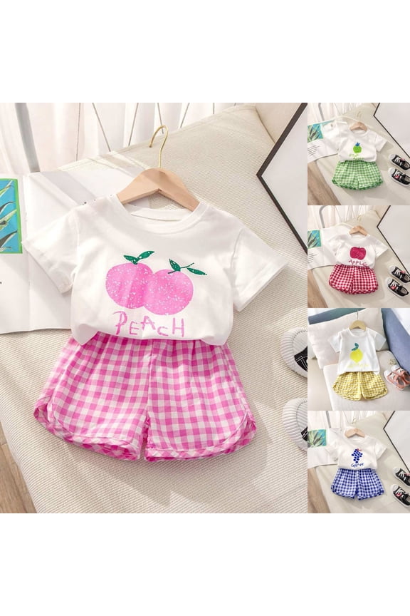 Toddler Baby Girls 12 18 Months Fruit Plaid Print Short Sleeve T-Shirts + Shorts Set 2Pcs Baby Girl Summer Outfits Baby Girl Clothes 12 Months