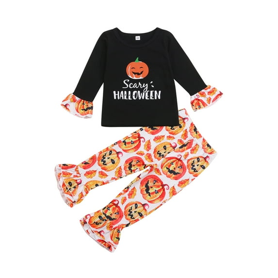Toddler Baby Girls 2Pcs Halloween Outfits Long Sleeve Ruffle Letter Print Tops + Floral Pants Set