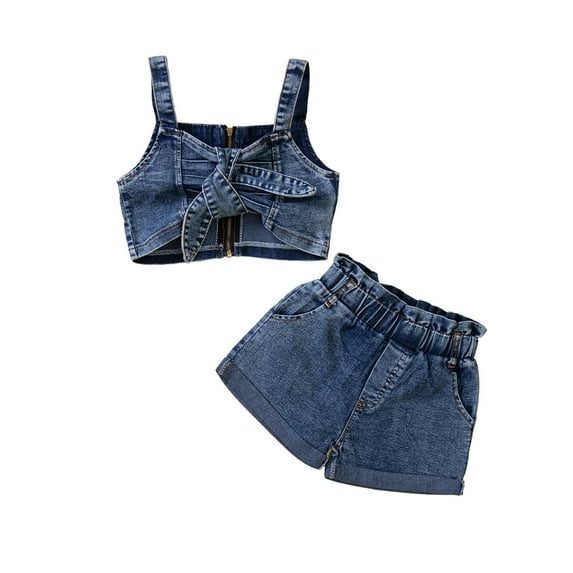 Toddler Baby Girls 2Pcs Pants Set 1Y 2Y 3Y 4Y 5Y 6Y Sling Plain Camisole Ruffle Short Denim Pants Children Cozy Outfits Suit