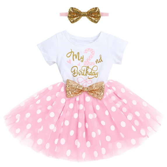 Toddler Baby Girls My 2nd Second Birthday Dress Cake Smash Outfit Two Years Old Party Cotton Short Sleeve Polka Dots Tutu Dress with Sequin Bowknot Headband Set Summer Clothes