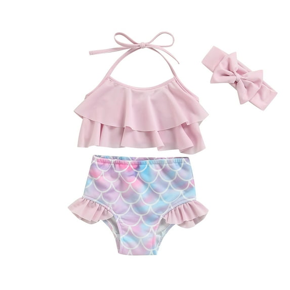 Toddler Baby Girls 3Pcs Bikini Set Solid Color Ruffle Halter Tops+Print Shorts+Headband Cute Kids Baby Swimwear Beachwear 0-3Y