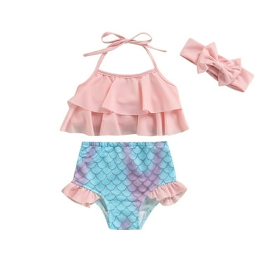 Toddler Baby Girls 3Pcs Bikini Set Solid Color Ruffle Halter Tops Print Shorts Headband Cute Kids Baby Swimwear Beachwear 0-3Y