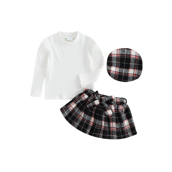 Toddler Baby Girls 3Pcs Fall Outfits Long Sleeve Ribbed Tops Belted Skirt Hat Set