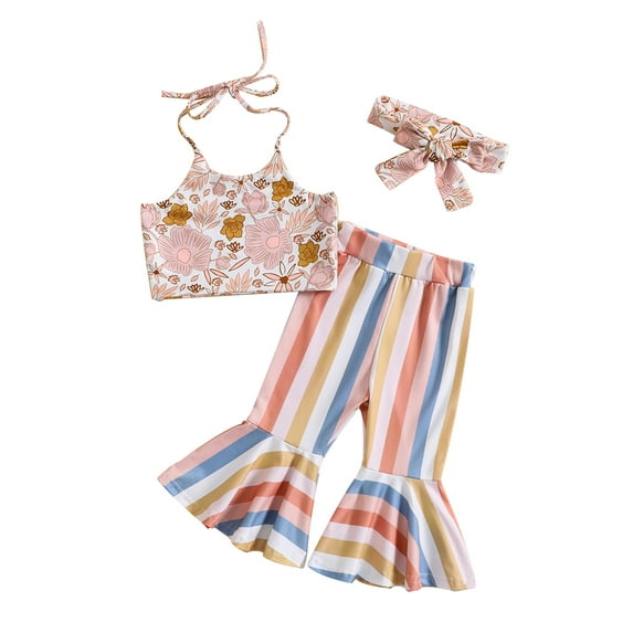 Toddler Baby Girls 3Pcs Summer Outfits, Sleeveless Halter Tops Striped Bell Bottoms Headband Set