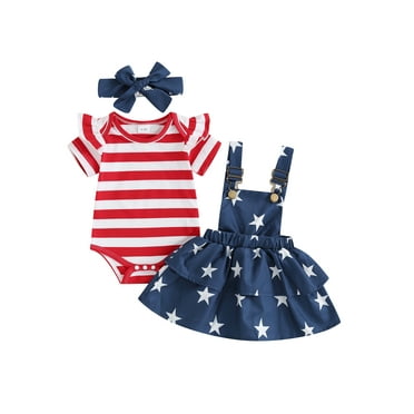 Toddler Baby Girls 4th of July Outfits Short Sleeve Romper + Suspender Dress + Headband Set Summer Clothes