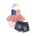 thumbnail image 1 of Toddler Baby Girls 4th of July Striped Halter Tops Denim Shorts Kids USA Flag Independence Day Clothes Set, 1 of 8