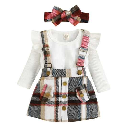 Toddler Baby Girls Autumn 3Pcs Outfit Long Sleeve Strip Cotton Shirt Tops Plaid A-Line Skirt Bow Headband Hairband 3 Piece Set Spring Winter Clothing