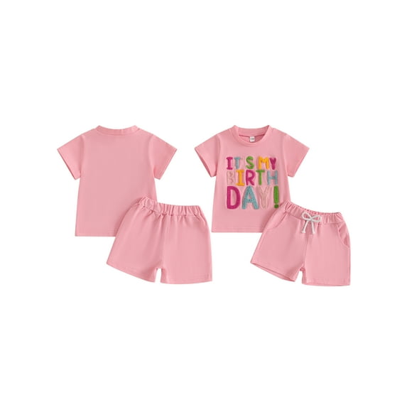 Toddler Baby Girls Birthday Outfits 6 12 18 24 Months 2T 3T 4T 5T Letter Embroidery Short Sleeve T-Shirts Elastic Waist Shorts 2Pcs Clothes Set