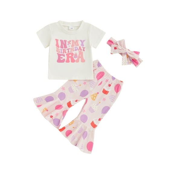 Toddler Baby Girls Birthday Outfits 6 12 18 24 Months 2T 3T 4T Short Sleeve Letter T-Shirt with Cake Pattern Flare Pants and Headband 3 Pcs Set